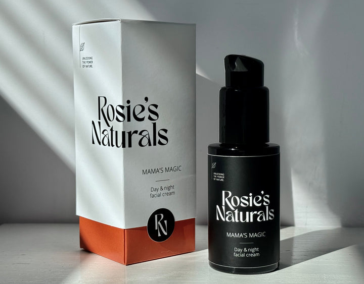 Mama's Magic natuurlijke gezichtscrème van Rosie's Naturals, flesje met doosje